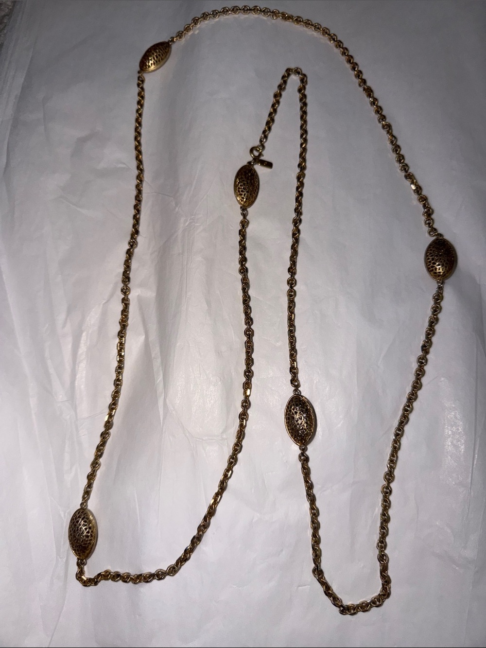 Vintage Monet Gold-Tone Filigree Oval Bead Flapper Style Long Necklace
